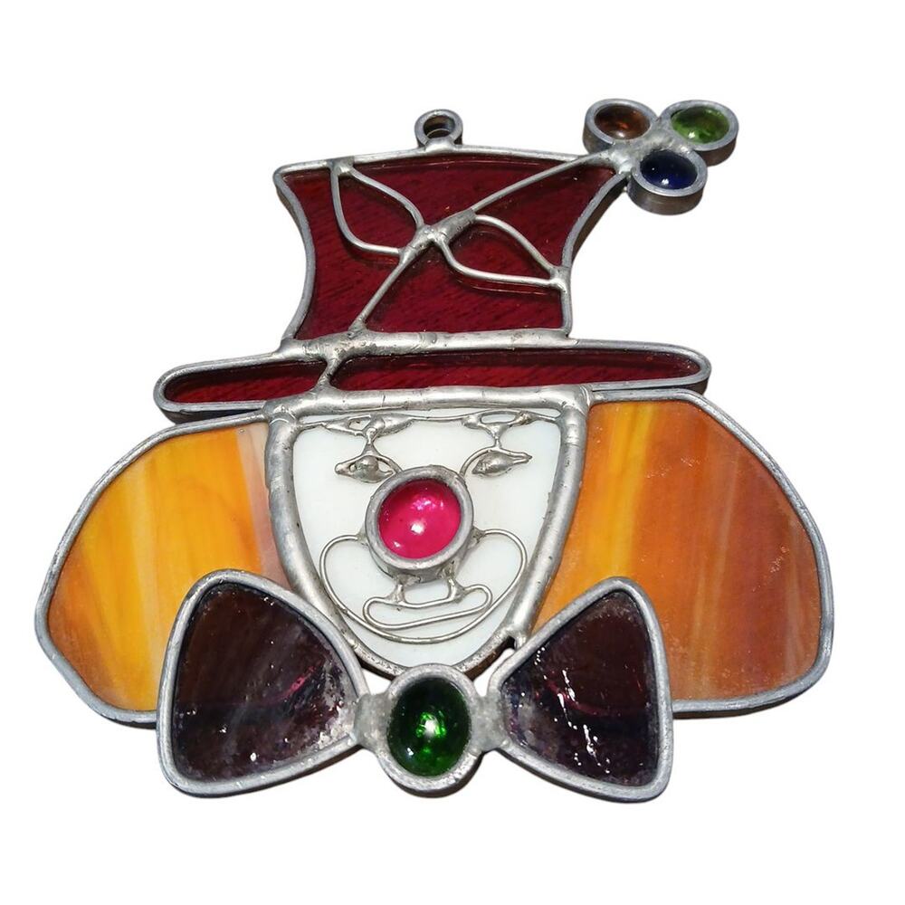 Vtg Suncatcher Stained Art Slag Glass Red Orange‎ Clown Jewels Circus 5.5"x4.75"